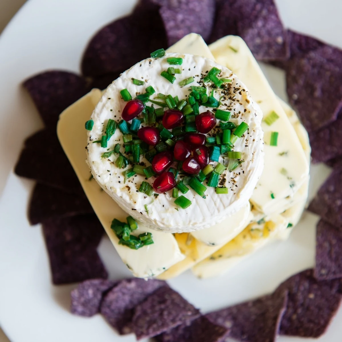 Party-ready "Stepping Stones" appetizer: Brie, goat cheese, gouda stepping over blue corn chips.