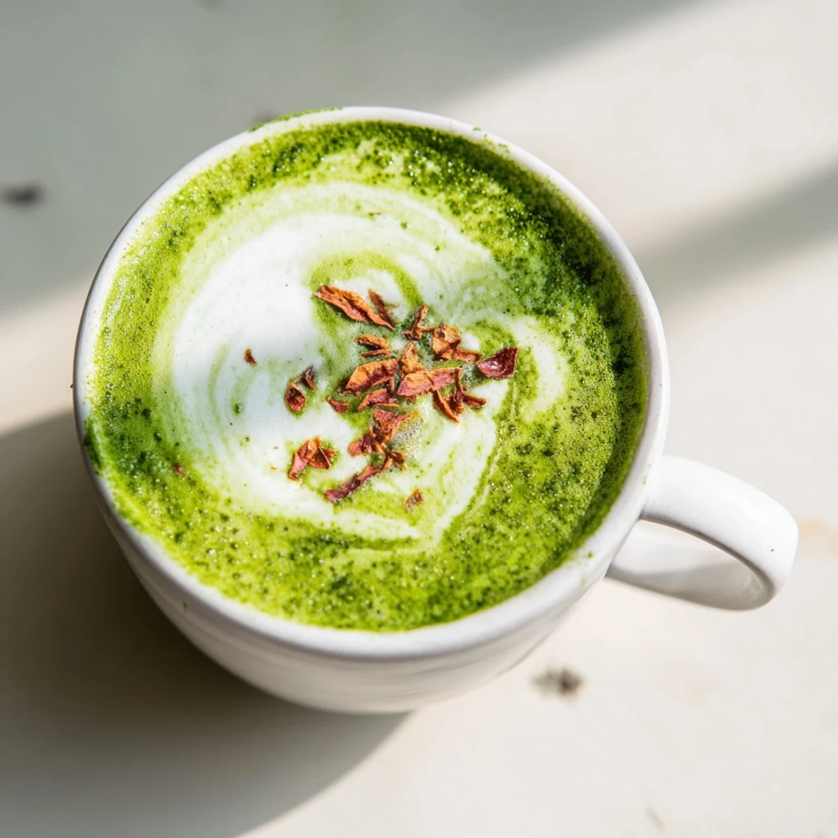 A beautiful mug of Cozy Peppermint Matcha Christmas Latte, with its vibrant green matcha base and frothy milk.