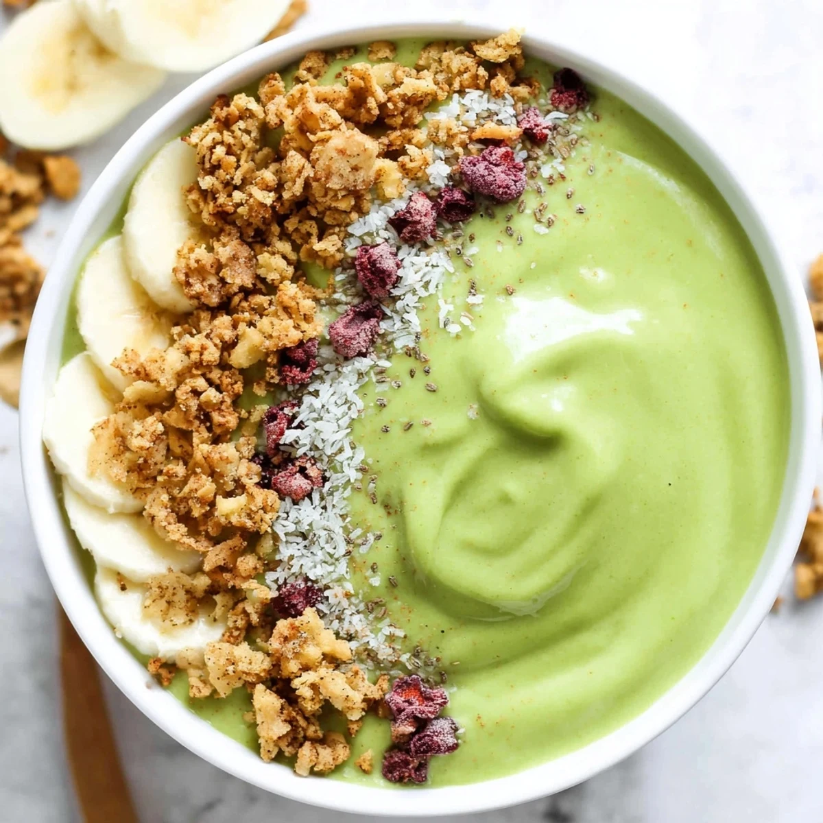 Creamy Gingerbread Cookie Matcha Breakfast Smoothie Bowl, topped with granola & fresh fruit, ready to eat.