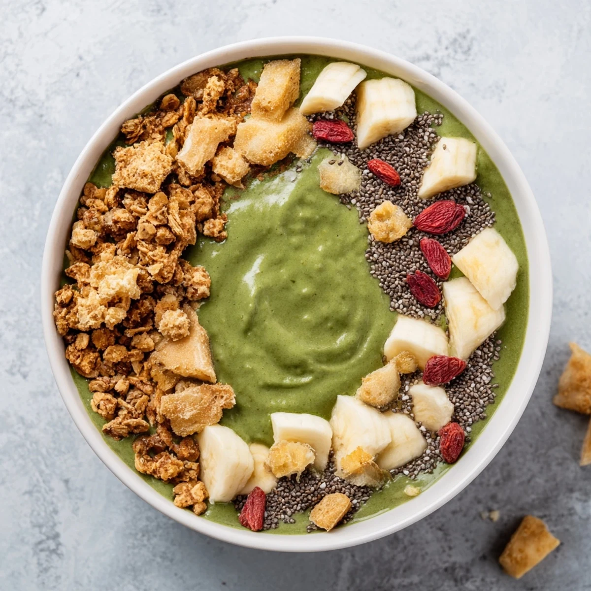 Festive Gingerbread Cookie Matcha Breakfast Smoothie Bowl, swirled with green matcha and inviting toppings.