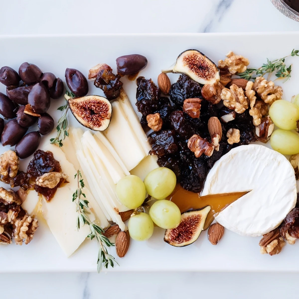 A beautifully arranged Winter Solstice Board featuring Brie, figs, and olives, ready to serve.