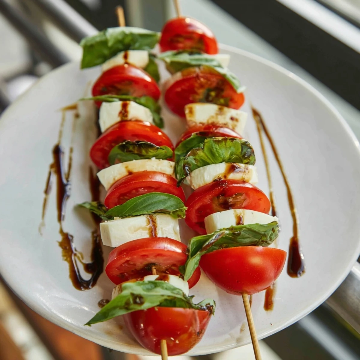 Elegant Tuscan Pillar appetizer with red tomatoes, creamy mozzarella, and a balsamic glaze drizzle.