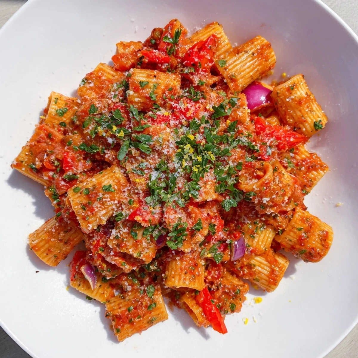 Close-up of the finished One-Pot Diavola Spicy Pasta, showcasing the vibrant red sauce and perfectly cooked pasta.
