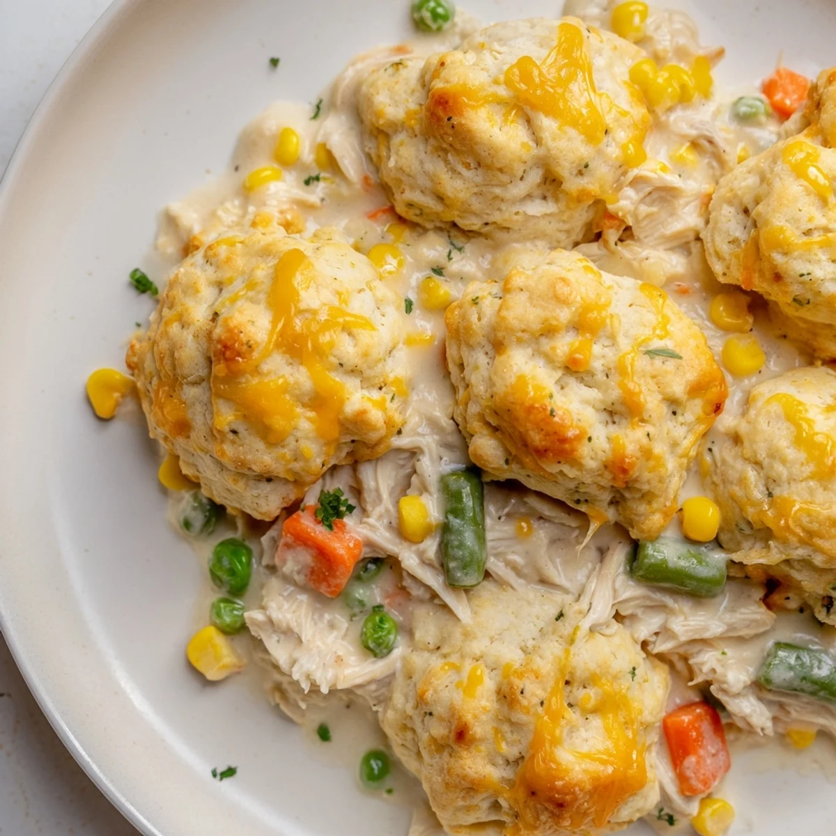 A close-up of savory Chicken Cobbler with a fluffy Red Lobster Biscuit crust, perfect for a cozy dinner.