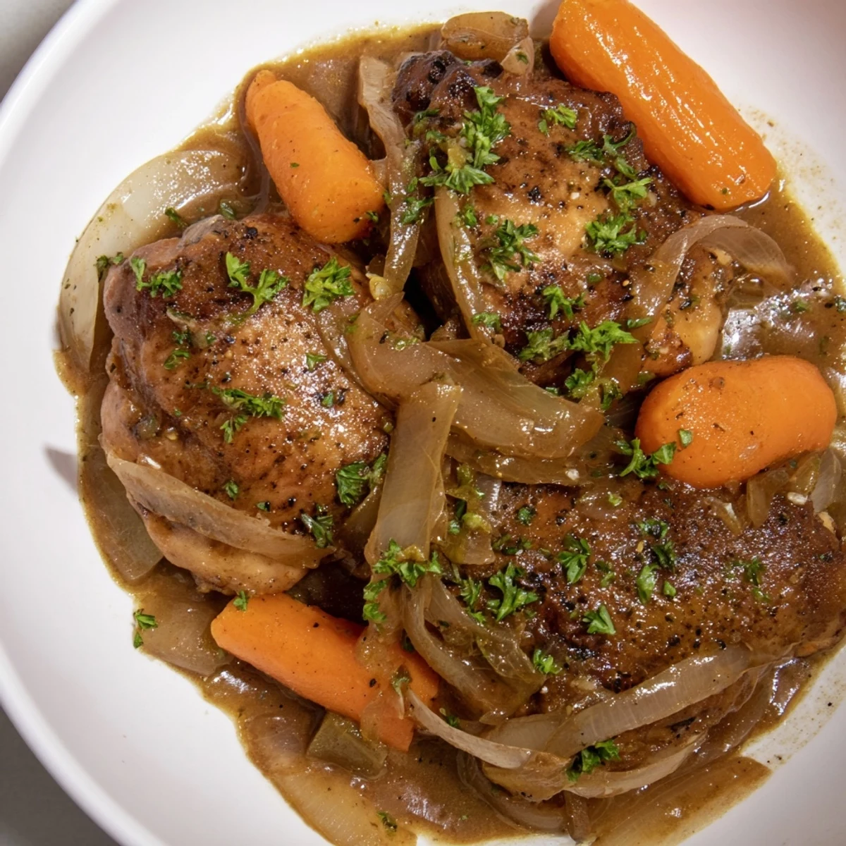 Georgia Pot Roast Chicken rests in a Dutch oven with golden chicken, tender vegetables, and savory gravy.
