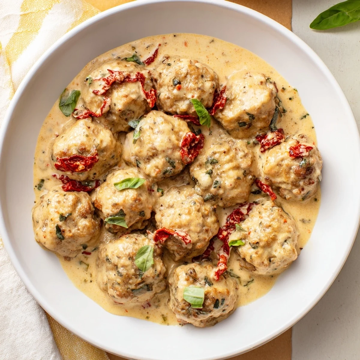 A skillet of savory Marry Me Chicken Meatballs, richly coated in a sun-dried tomato cream sauce, prepared with love.