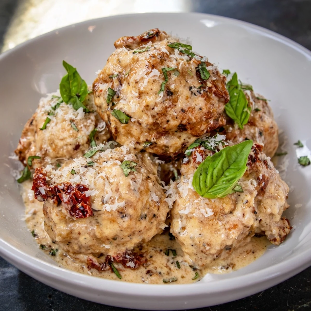 Delicious Marry Me Chicken Meatballs with a glistening sauce, ready to serve, perfect alongside pasta or crusty bread.