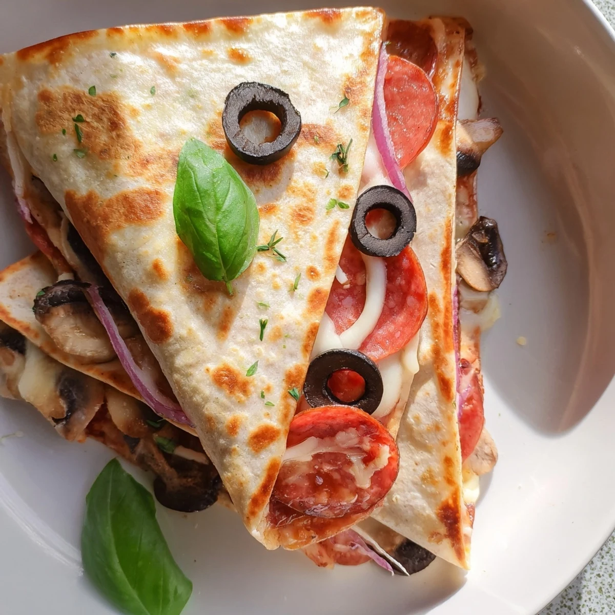 Golden, folded Cheesy Tortilla Pizza Wrap with oozing cheese and savory pepperoni, ready to enjoy.