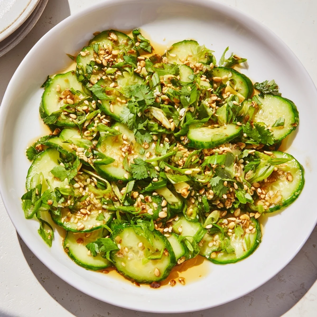 Freshly prepared Tangy Shaken Asian-Style Cucumber Salad, a vegan side with sesame seeds and cilantro.