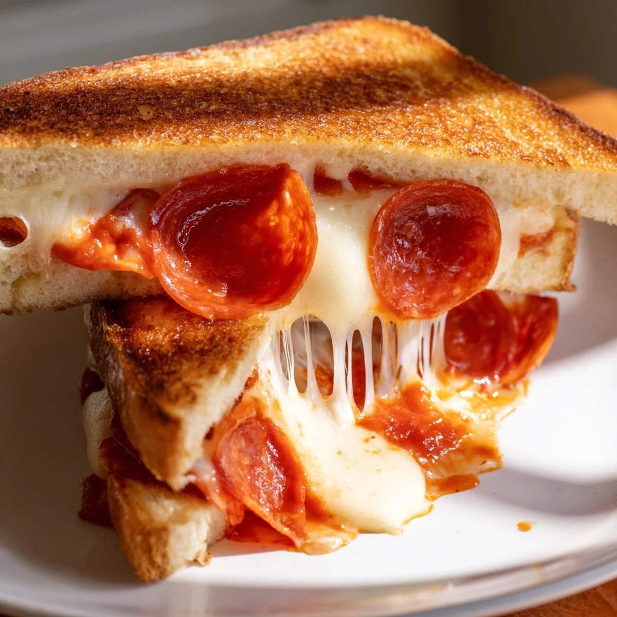 Golden, melty Pizza Grilled Cheese with pepperoni, oozing mozzarella, ready to eat.