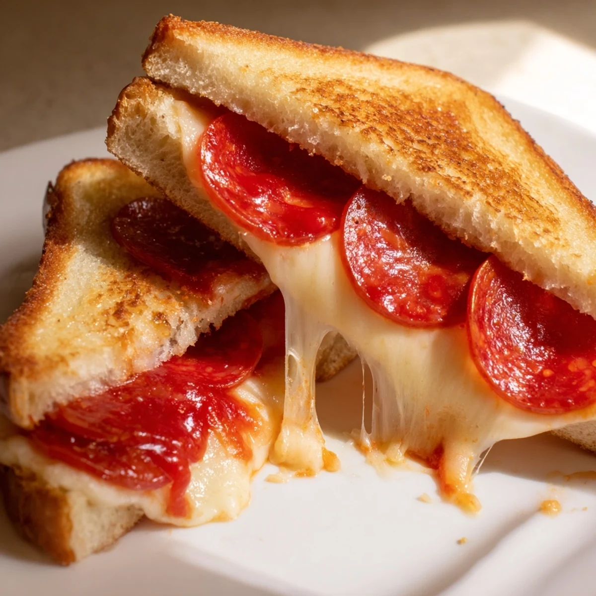 A close-up shot of crispy, golden Pizza Grilled Cheese halves, perfect for dipping in marinara.