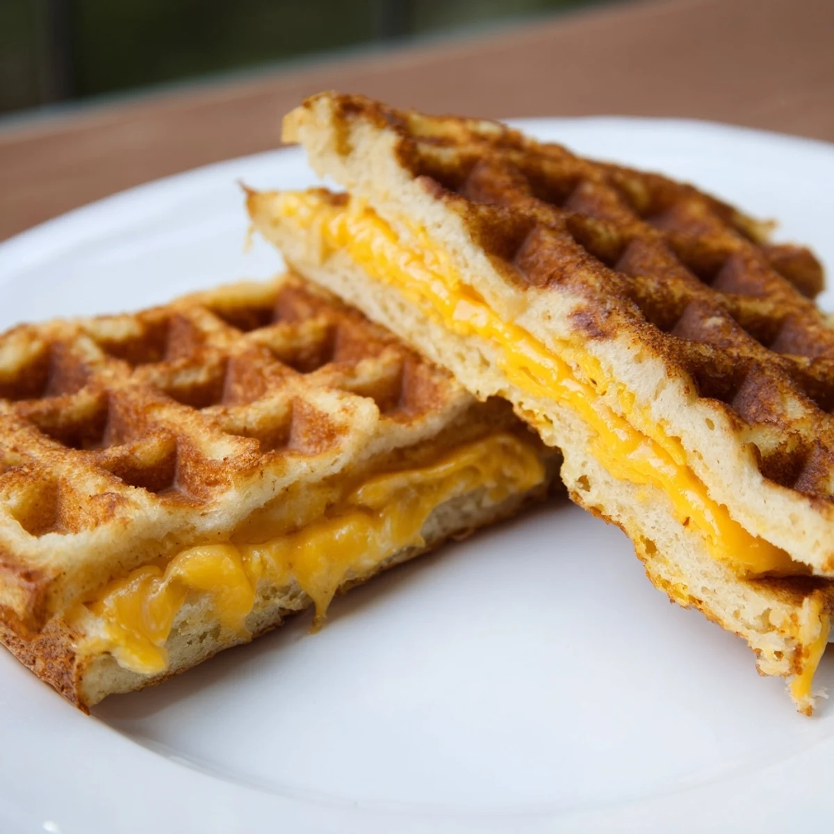 Golden, crispy Waffle Grilled Cheese with melted cheese oozing between toasted bread, ready to eat.
