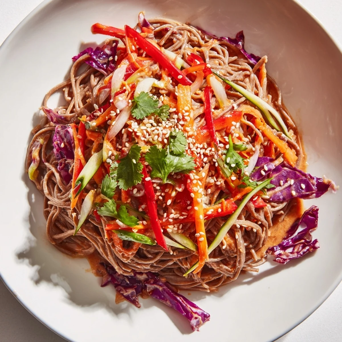 Vibrant soba noodle salad tossed with colorful veggies, sesame seeds, and a delicious peanut dressing.