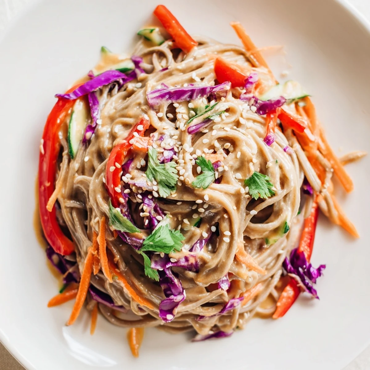 A big bowl of chilled soba noodle salad, featuring fresh, crunchy vegetables coated in savory dressing.
