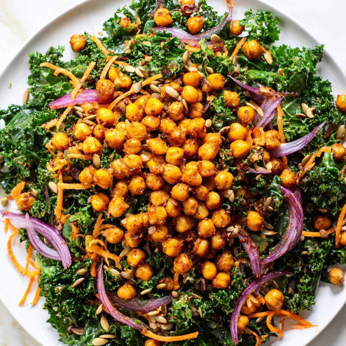 A close-up of kale salad with roasted chickpeas, showcasing colorful vegetables, and a delicious meal.