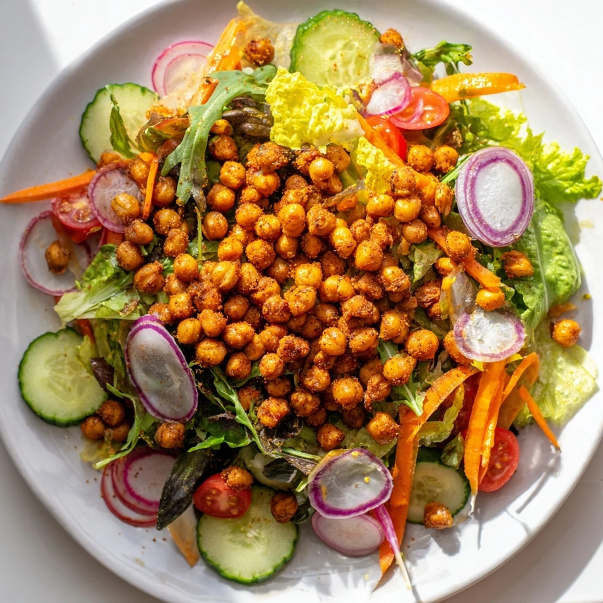 A fresh Mixed Greens Salad with crispy chickpea croutons, perfectly vibrant for a vegan meal.
