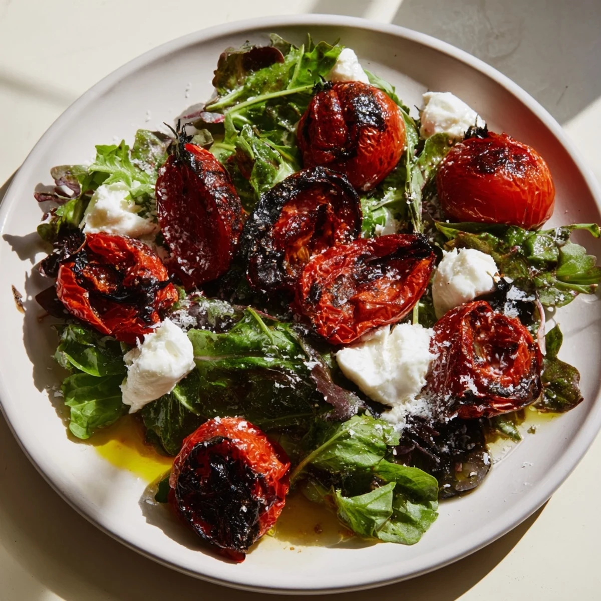 Freshly charred cherry tomatoes and soft burrata star in this delicious, vibrant Charred Tomato Salad.