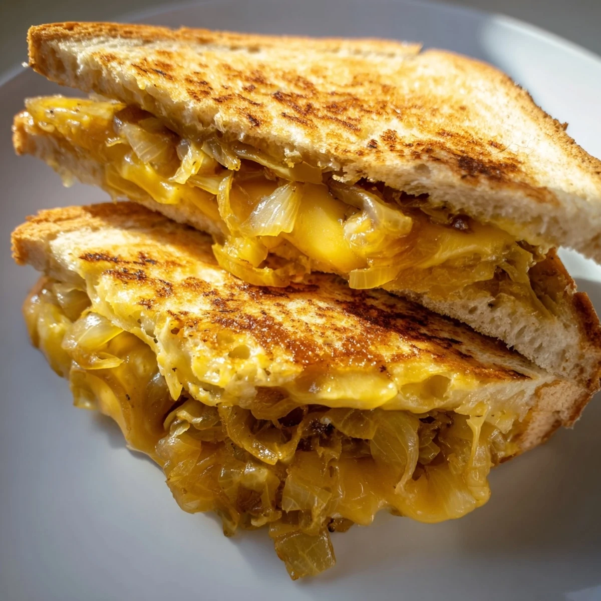 A close-up of a perfectly toasted Caramelized Onion and Gruyère Grilled Cheese, ready to be enjoyed.