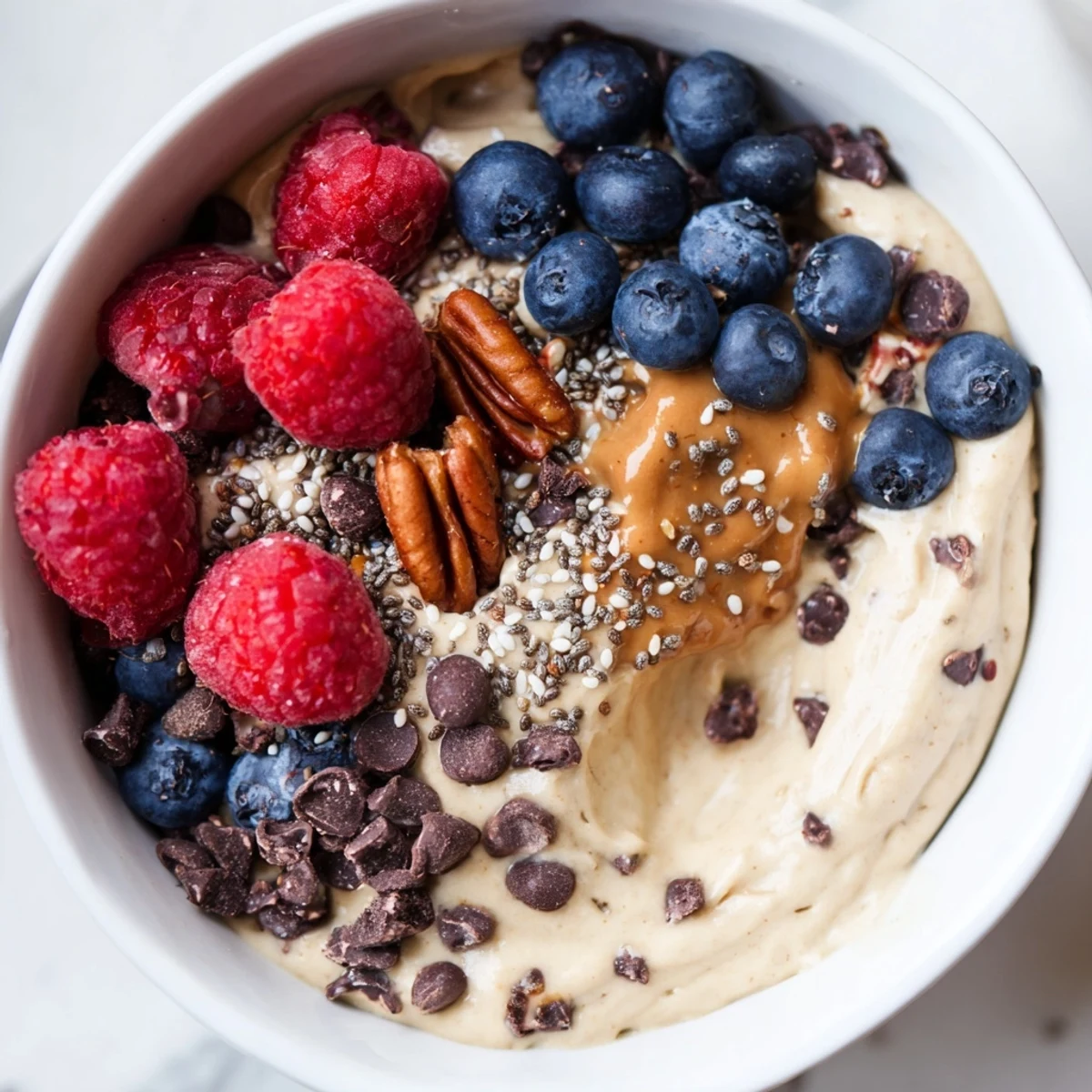 Creamy Protein Ice Cream Bowl, swirled with vanilla, ready to be topped with fresh berries.