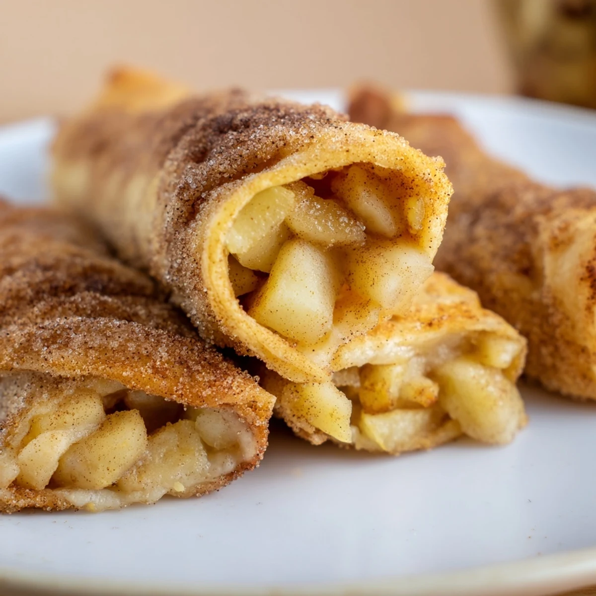 Golden brown apple pie roll-ups, warm from the oven, offering a delightful cinnamon-sugar crunch.