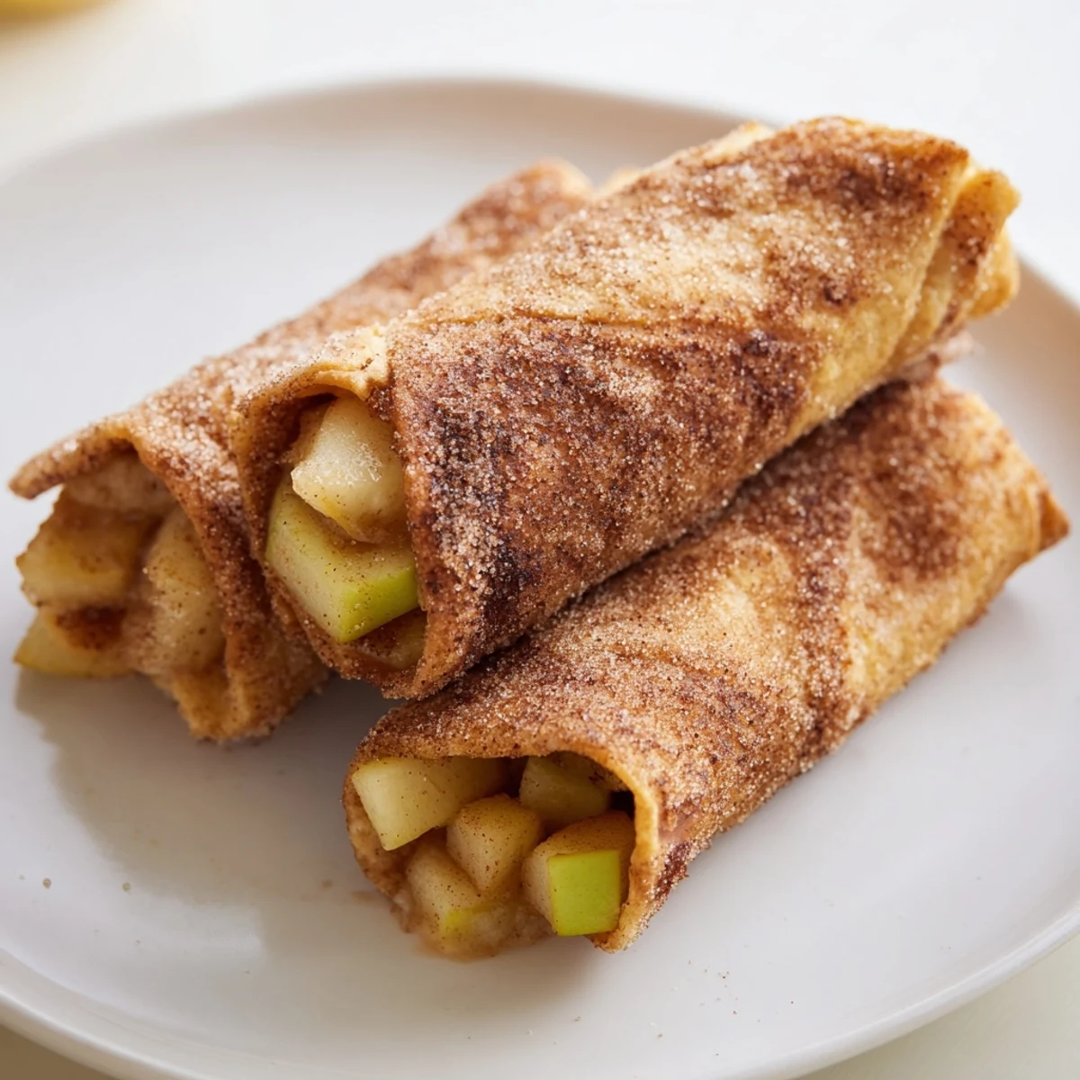 Close-up of baked apple pie roll-ups, showing spiced apple filling spilling out, ready to eat.