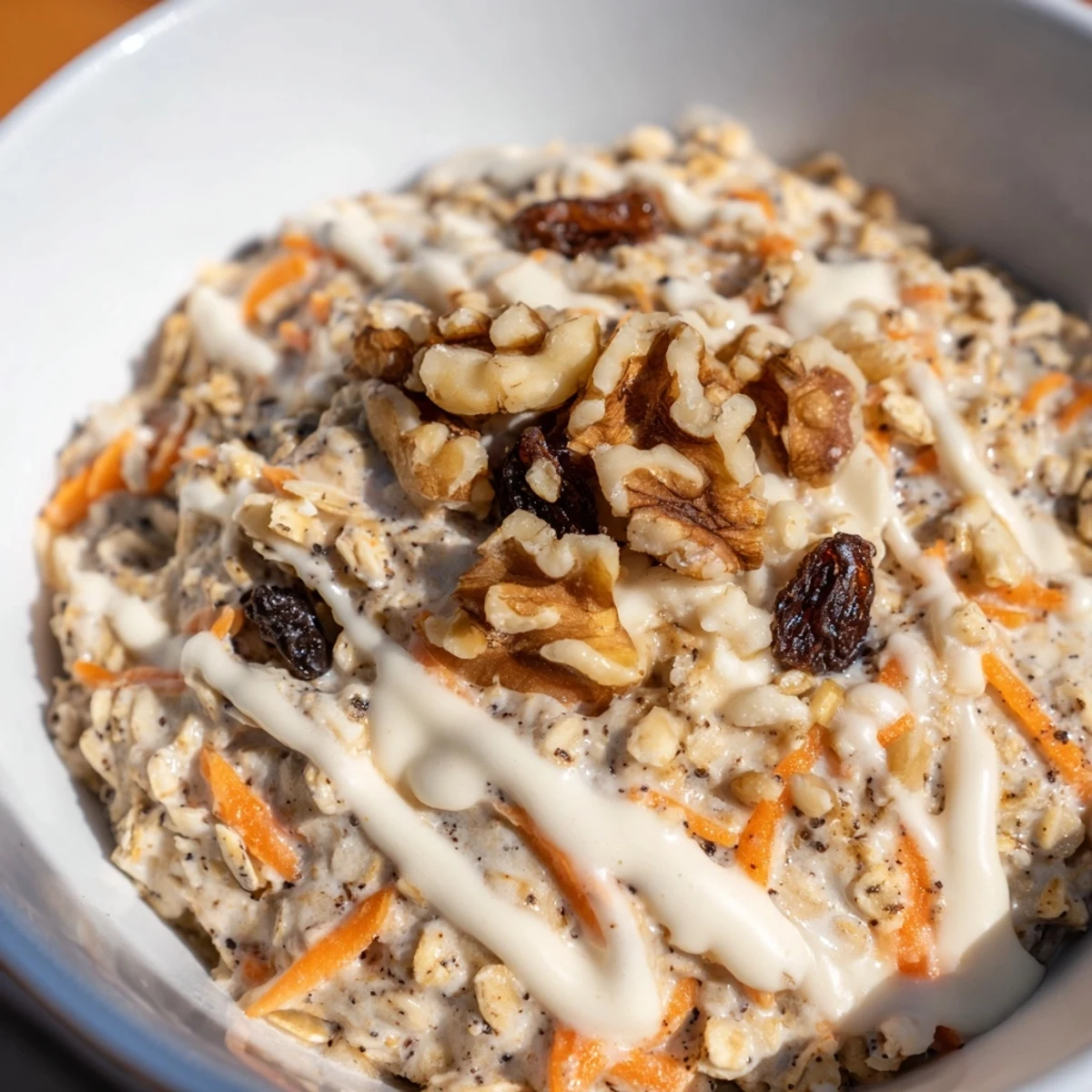 Creamy Carrot Cake Overnight Oats, layered with grated carrots and nuts, ready to enjoy for breakfast.