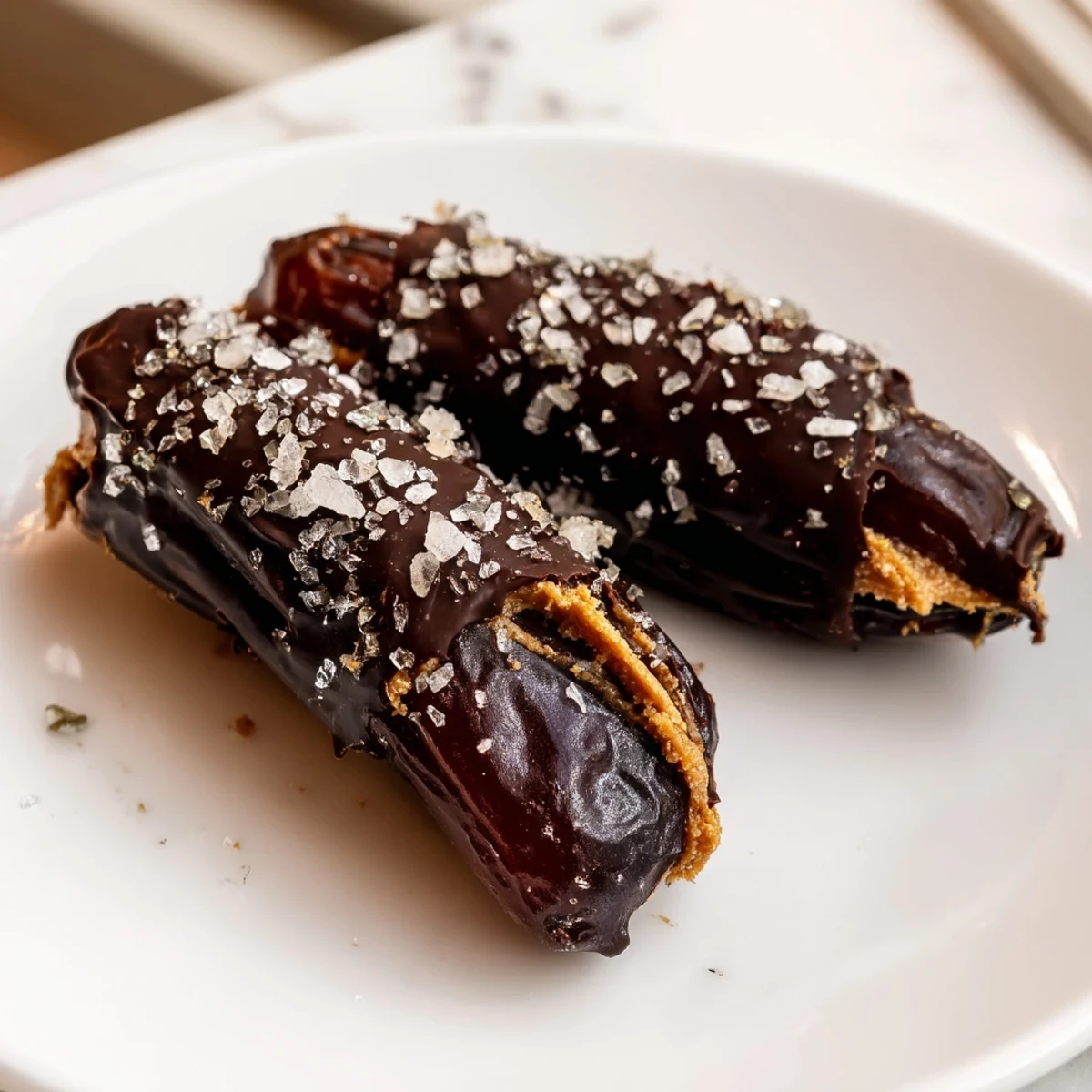 Close-up of freshly made chocolate peanut butter dates, a delicious dessert treat.