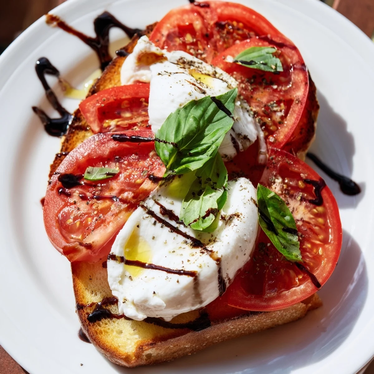 Vibrant tomato burrata toast featuring ripe tomatoes, basil, and a drizzle of olive oil, ready to enjoy.