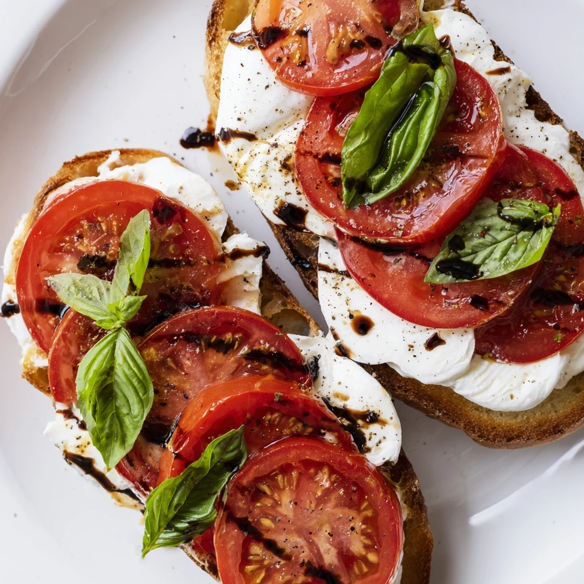 A close-up of tomato burrata toast shows creamy cheese atop fresh tomatoes and crispy sourdough.