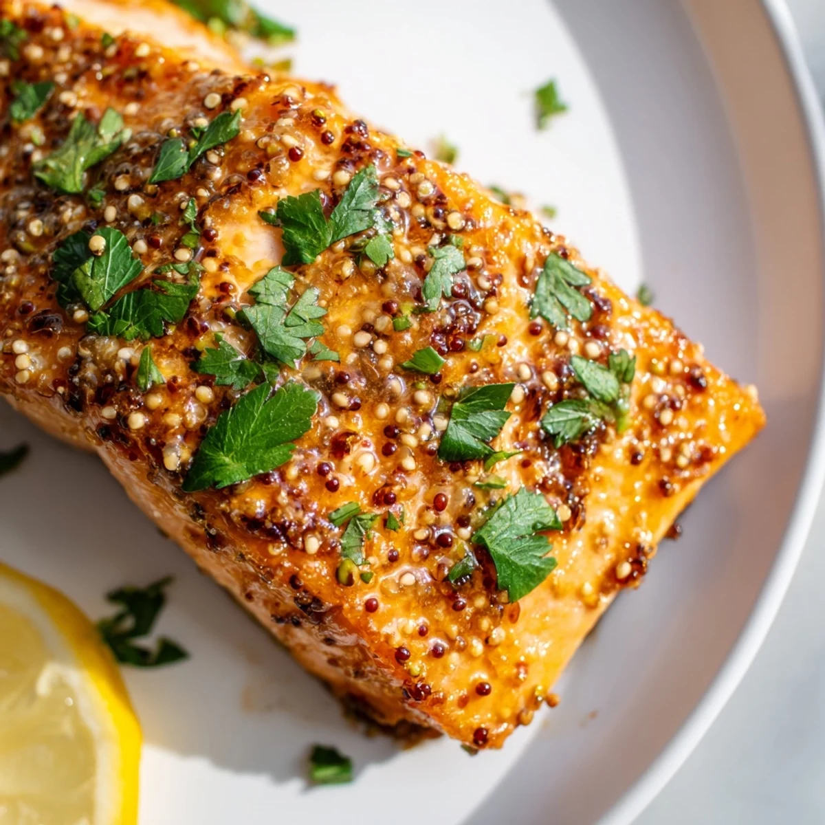 Close-up of baked honey mustard salmon, showing glistening fillets with a sweet and savory sauce.