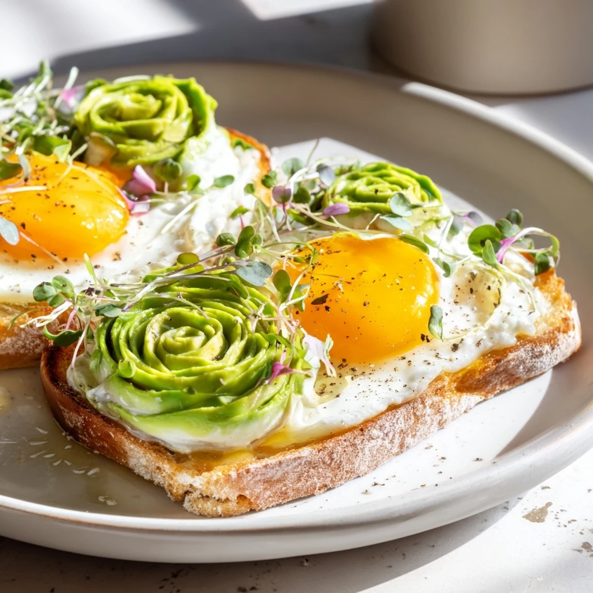 Fluffy cloud toast 2.0 with golden baked egg whites and vibrant avocado roses.