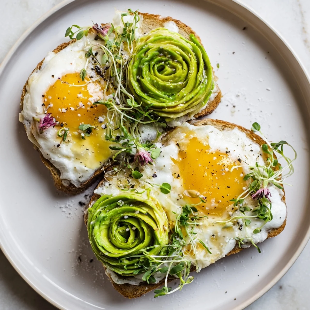 Close-up of cloud toast 2.0 featuring creamy avocado and perfectly baked egg yolk centers.