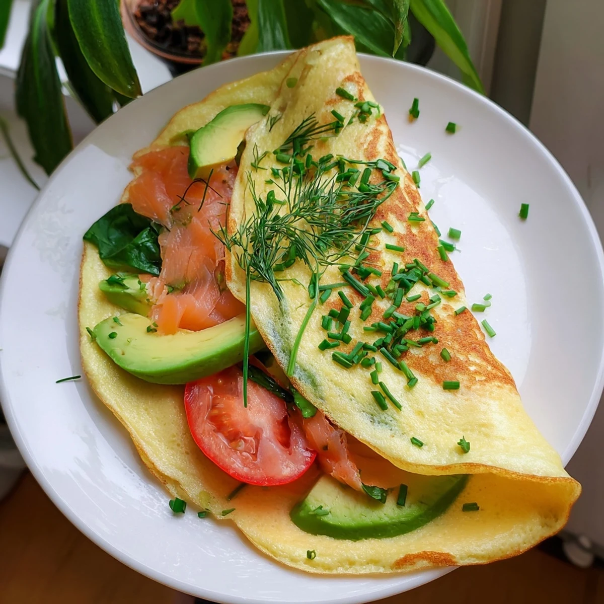 Golden-brown Blender-Egg Crepe Wrap filled with colorful veggies and creamy avocado, ready to eat.