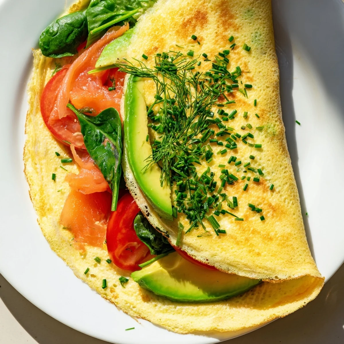 A perfectly thin Blender-Egg Crepe Wrap, lightly browned and filled with savory salmon and spinach.