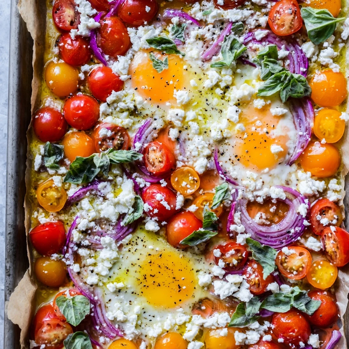 Freshly baked Tomato Feta Eggs on a sheet pan, with fragrant basil and juicy roasted tomatoes.