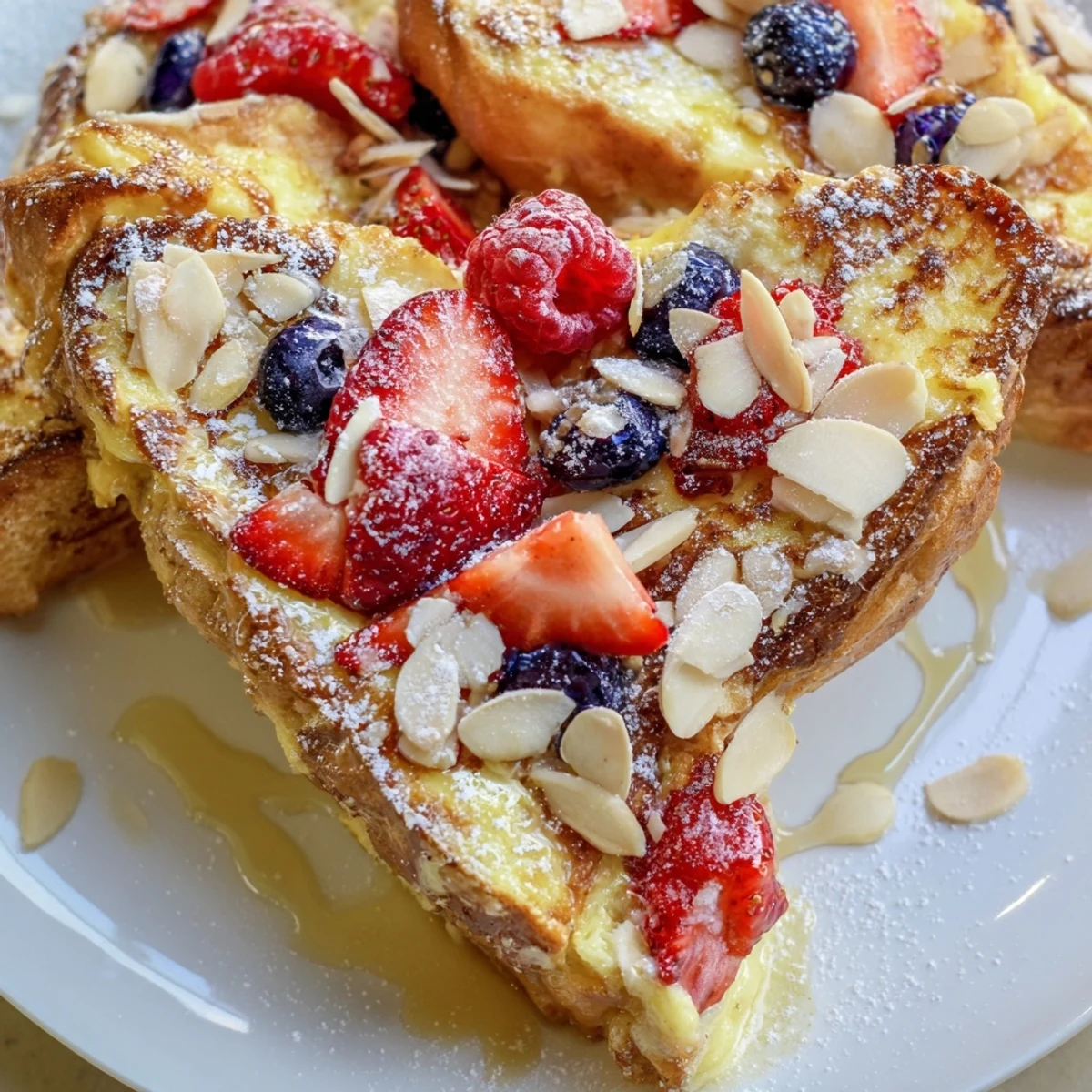 Fresh berries and flaky nuts adorn a plate of delightfully baked Custard Toast for a quick breakfast.