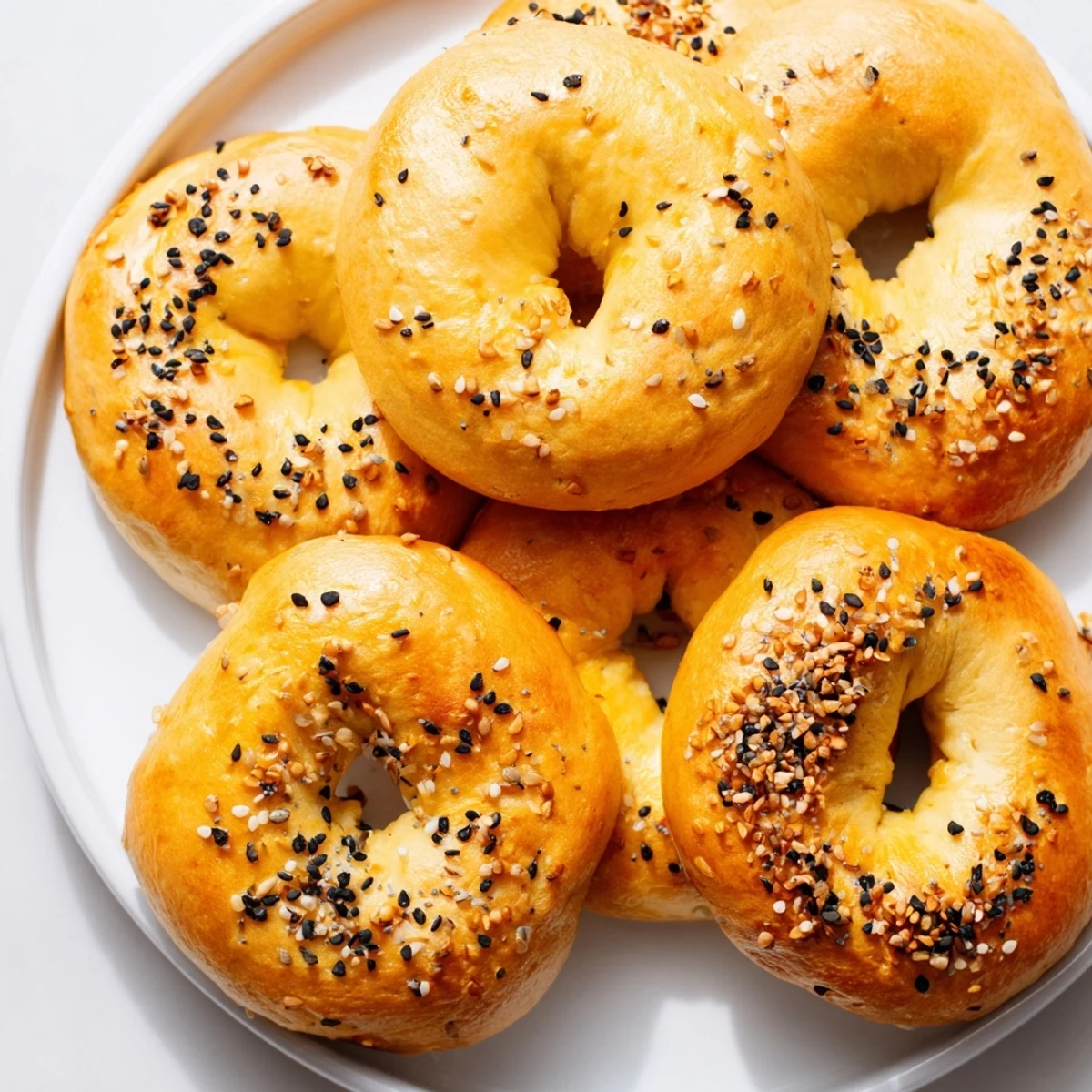 Golden-brown everything bagel yogurt bagels, freshly baked and ready to enjoy with cream cheese.