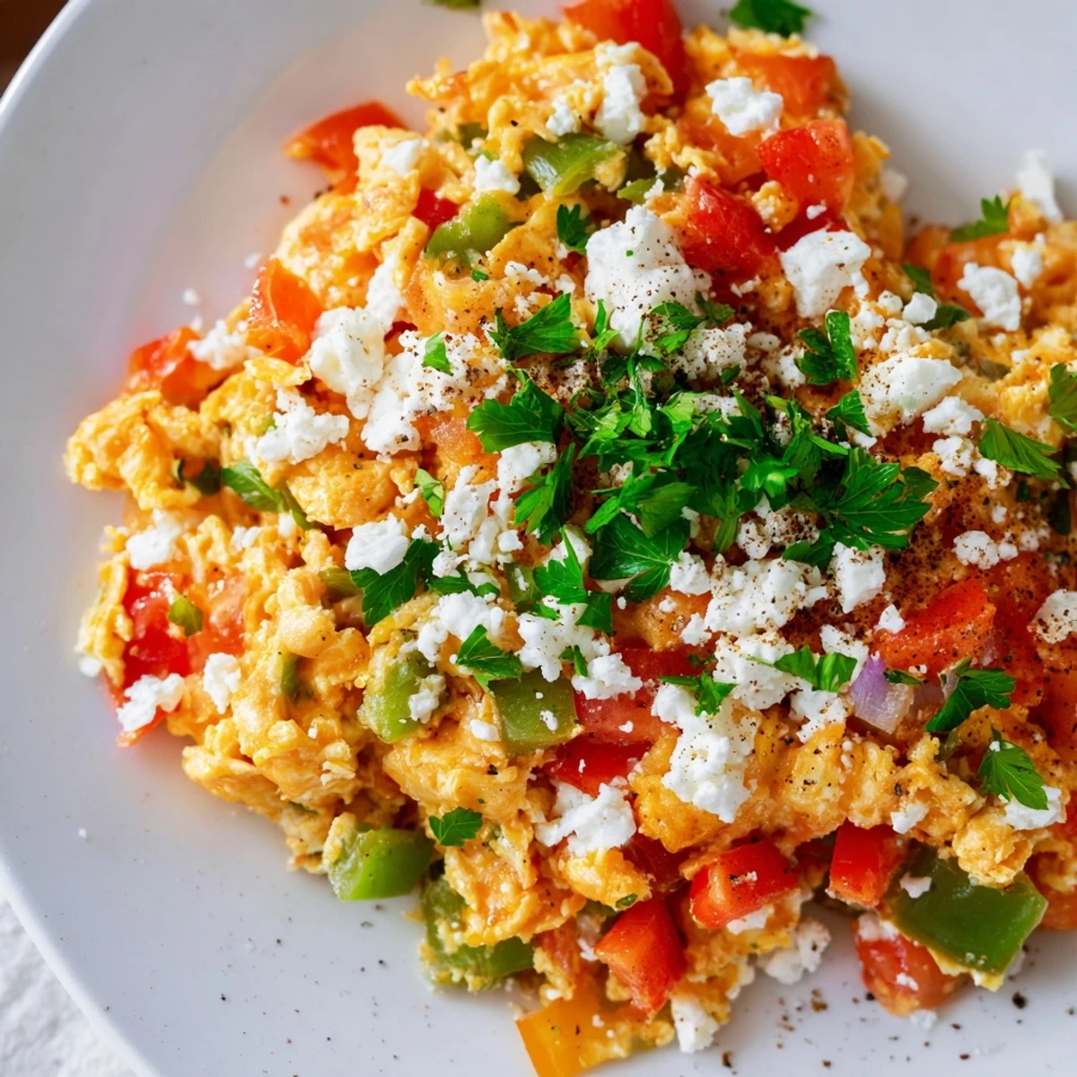 Savory Turkish Menemen recipe image displays perfectly cooked eggs in a delicious tomato and pepper sauce.
