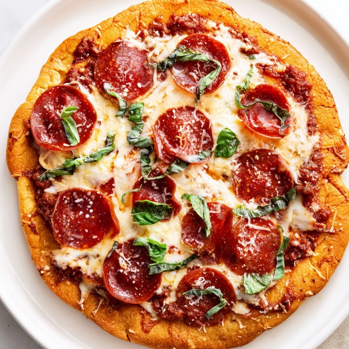 Ground beef pizza base baked to golden perfection, ready for a delicious low-carb dinner.
