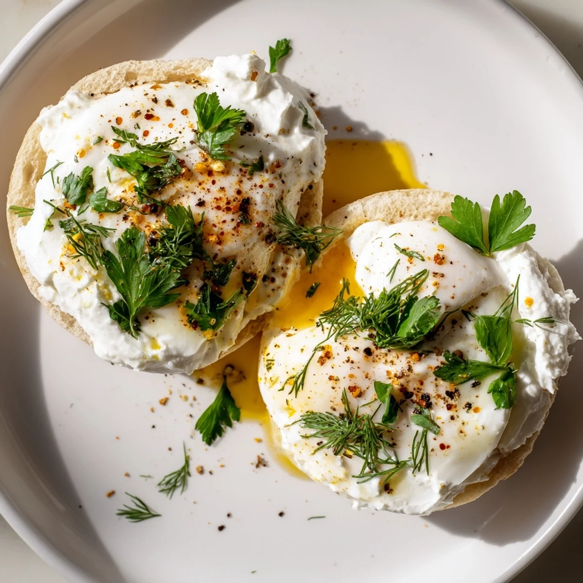 Çılbır Eggs Benedict offer creamy yogurt, perfectly poached eggs, and savory spiced butter, ready to eat.