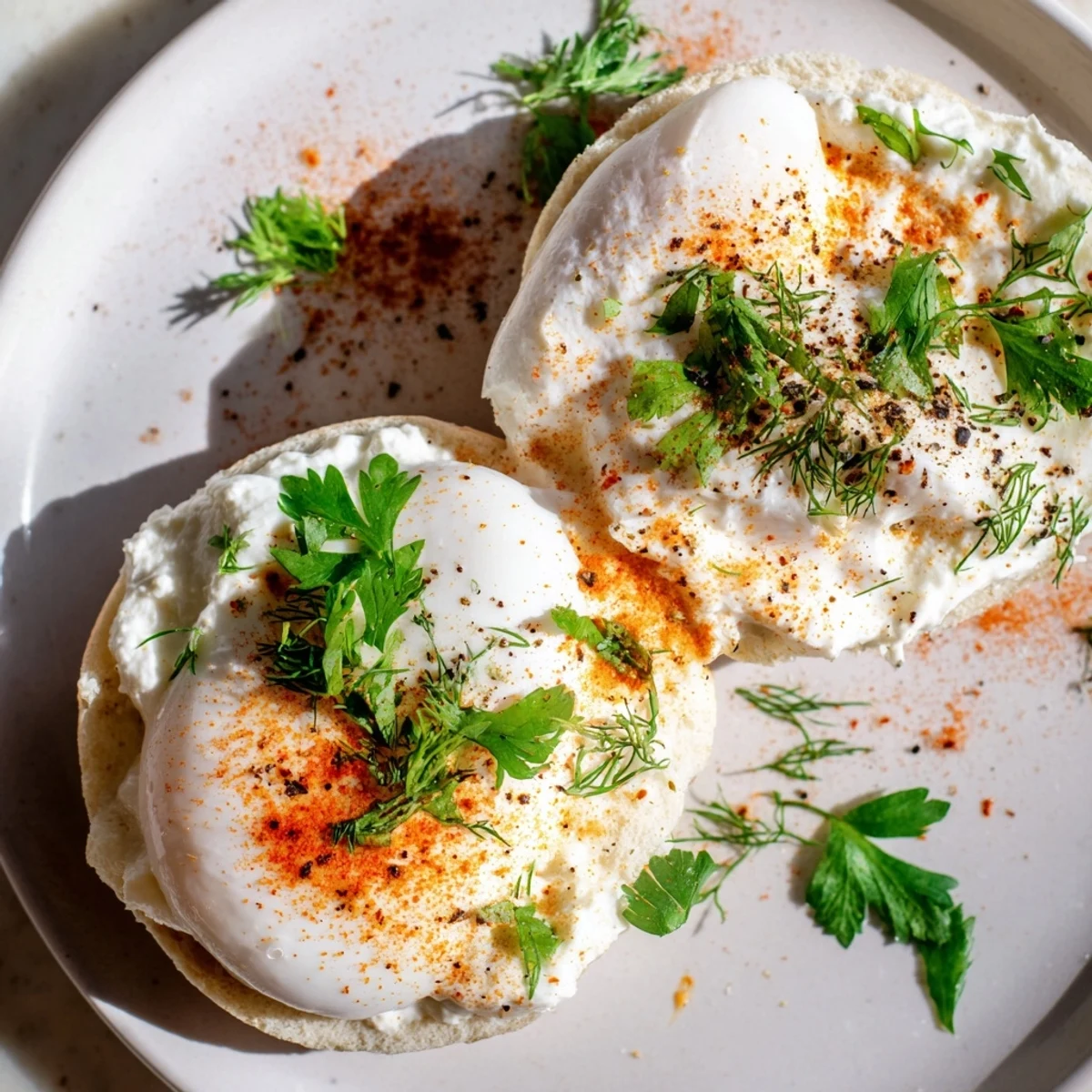 Enjoy the visually stunning Çılbır Eggs Benedict: tender eggs, a flavorful butter drizzle, and vibrant herbs.