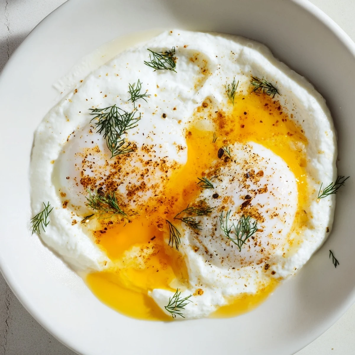 Plate of Cilbir with vibrant, runny yolks atop creamy yogurt, finished with spiced butter.