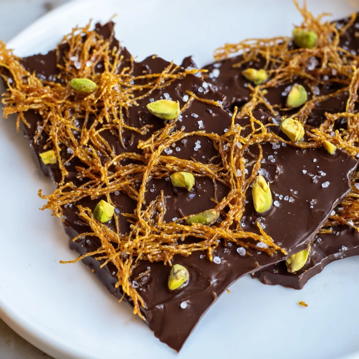 Golden Kataifi Chocolate Crunch Bark: a close-up of the delicious, crispy dessert sprinkled with sea salt.