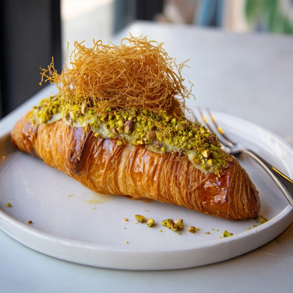 Freshly baked Pistachio Cream Croissants, with a golden phyllo crust, ready to enjoy.