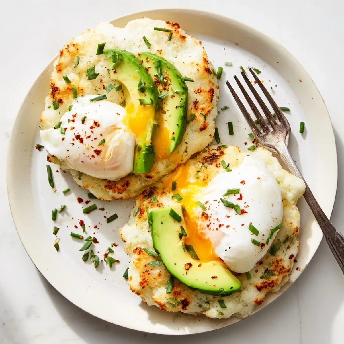 Two airy Cloud Bread Breakfast Clouds served with avocado and poached eggs on a rustic white plate.