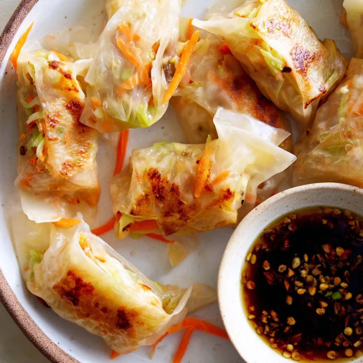 Close-up of Crispy Rice Paper Dumplings, featuring delicate wrappers with a crunchy texture beside fresh herbs and chili flakes for garnish.