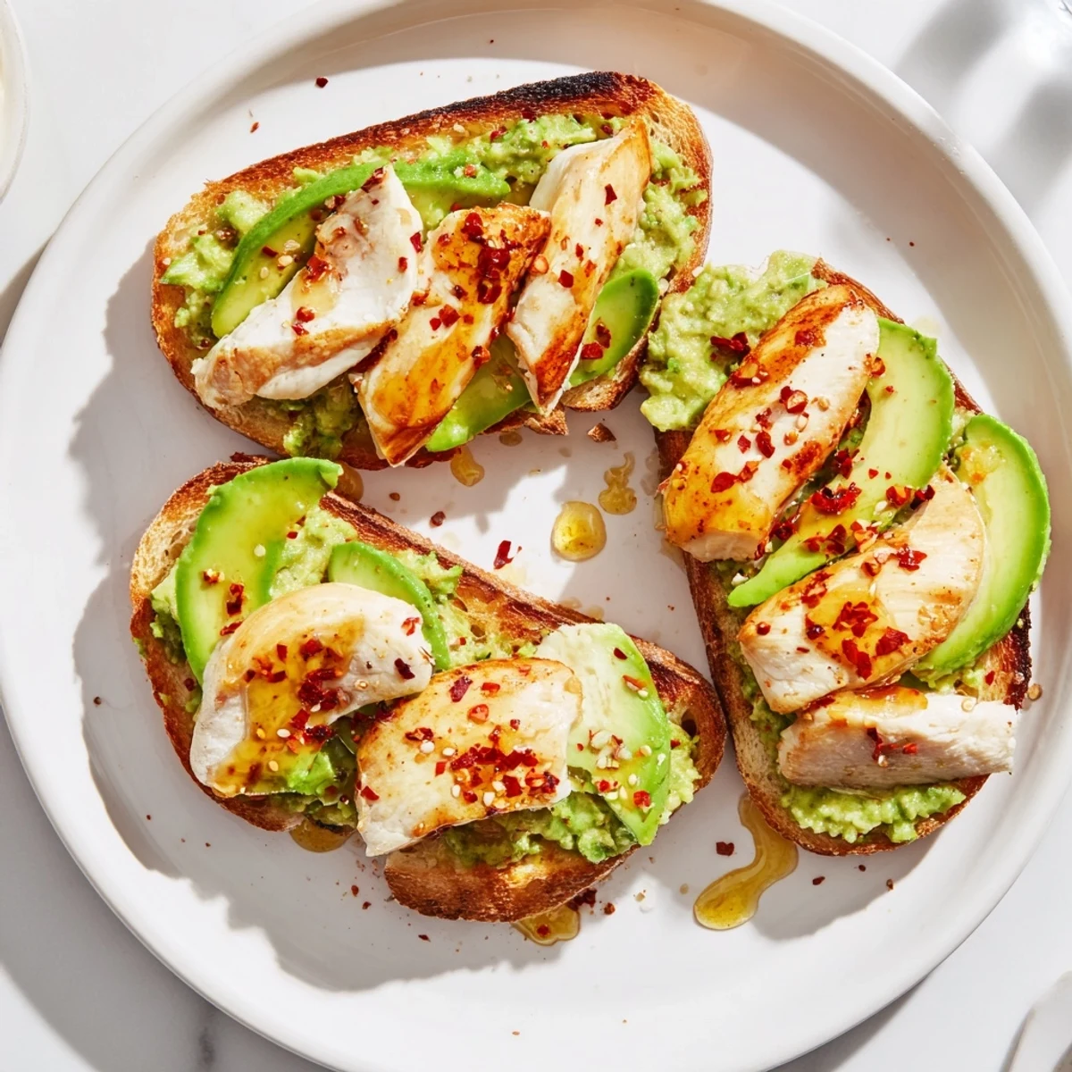 Hearty Smashed Avocado Chicken Toast features juicy grilled chicken atop velvety avocado, finished with a spicy-sweet kick and fresh herbs.