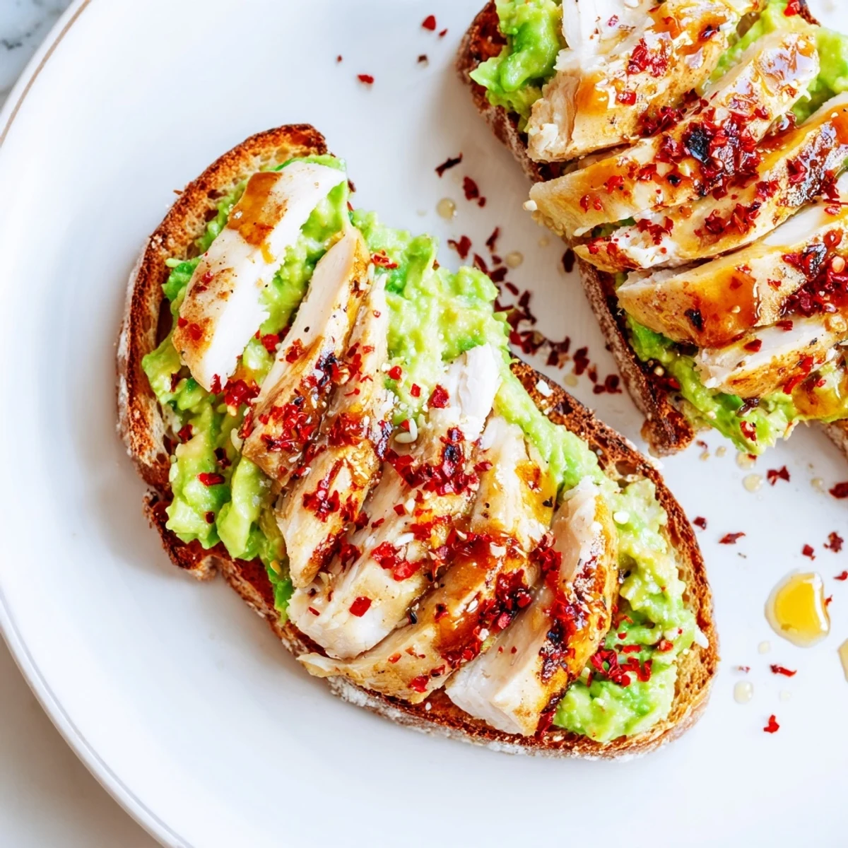 Golden-brown grilled chicken slices draped over creamy smashed avocado on thick sourdough toast, garnished with red chili flakes and a honey drizzle.