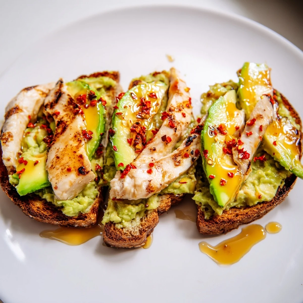 Savory Smashed Avocado Chicken Toast presents crispy toast layered with smashed avocado and tender chicken, sprinkled with chili flakes and honey.