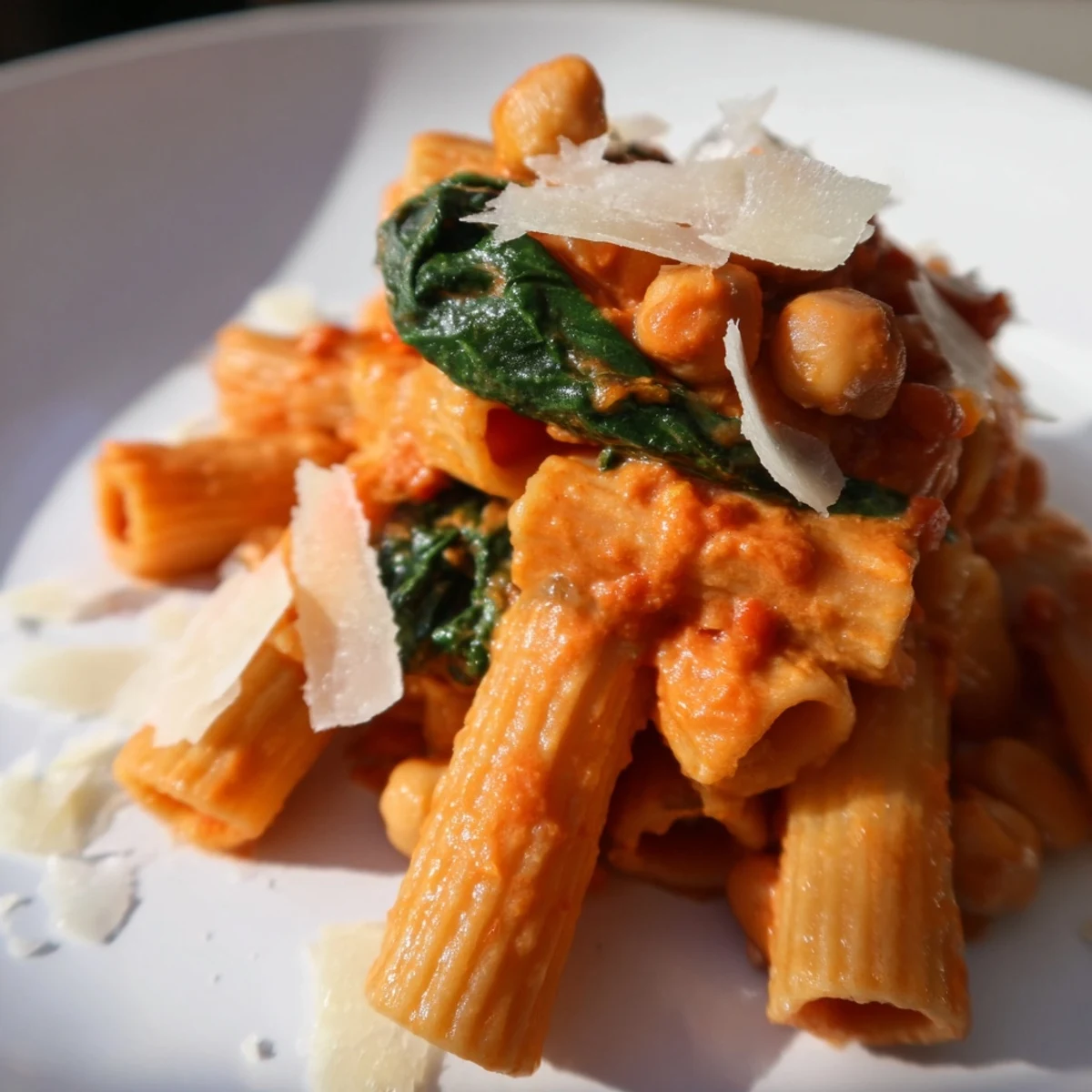 Creamy Tuscan Chickpea Pasta steams in a skillet, coated in a rich tomato cream sauce with wilted spinach and chickpeas.
